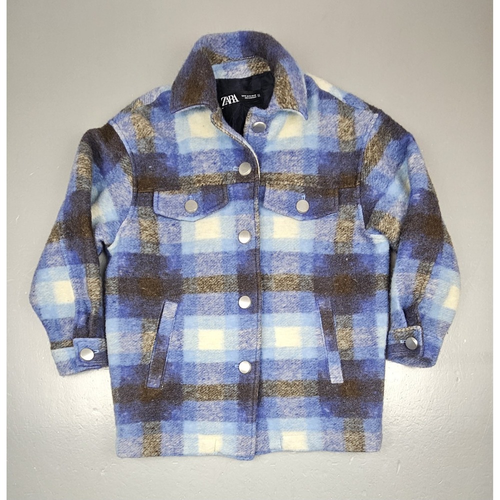 Zara Wool Premium Jacket Womens XS.‎ Shacket Check Plaid Coat Blue White.